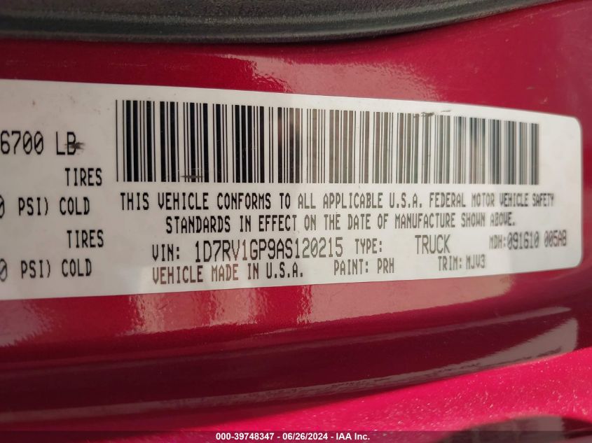 2010 Dodge Ram 1500 VIN: 1D7RV1GP9AS120215 Lot: 39748347
