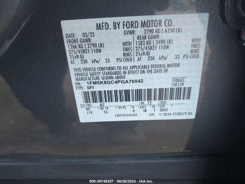 2023 Ford Explorer St VIN: 1FM5K8GC4PGA76042 Lot: 39748357