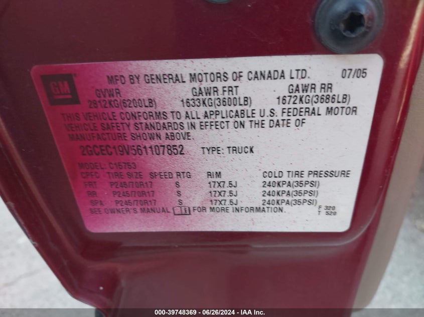 2006 Chevrolet Silverado 1500 Lt1 VIN: 2GCEC19V561107852 Lot: 39748369