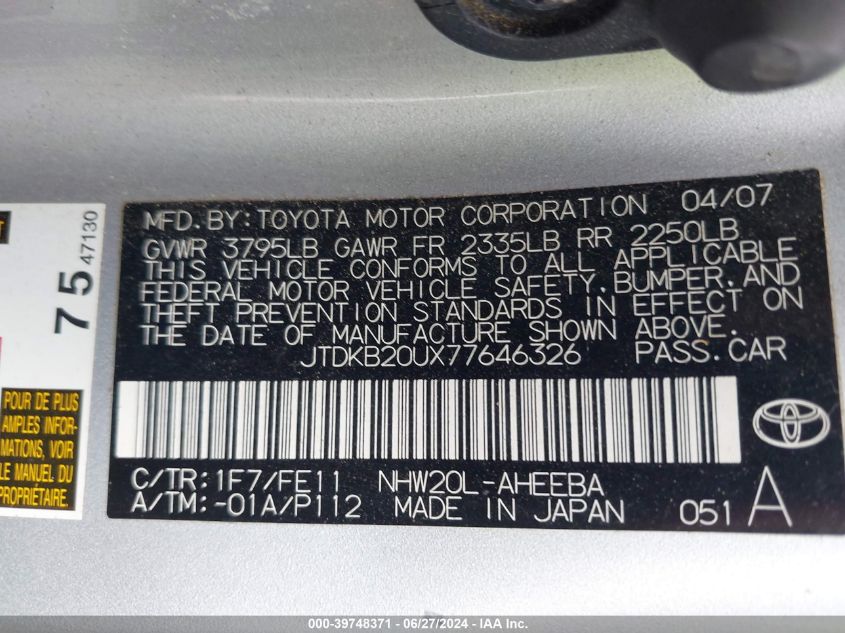 2007 Toyota Prius VIN: JTDKB20UX77646326 Lot: 39748371