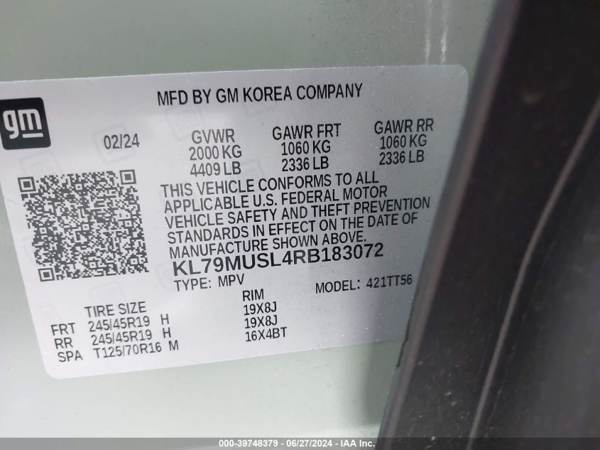 2024 Chevrolet Trailblazer Awd Rs VIN: KL79MUSL4RB183072 Lot: 39748379