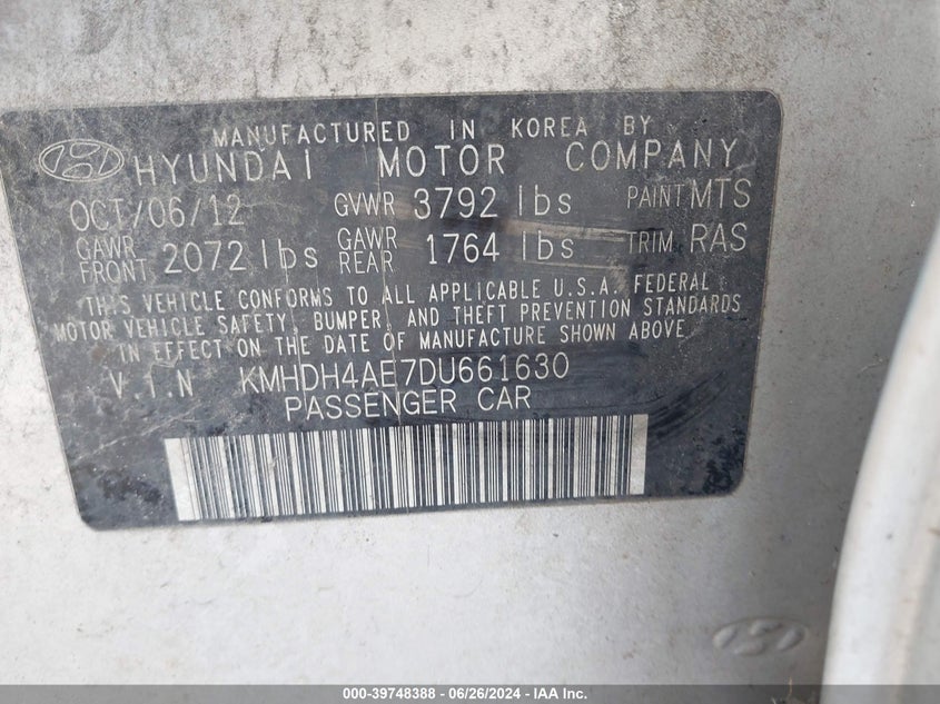 2013 Hyundai Elantra Limited VIN: KMHDH4AE7DU661630 Lot: 39748388