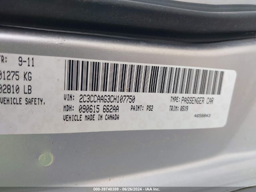 2012 Chrysler 300 VIN: 2C3CCAAG3CH107750 Lot: 39748389