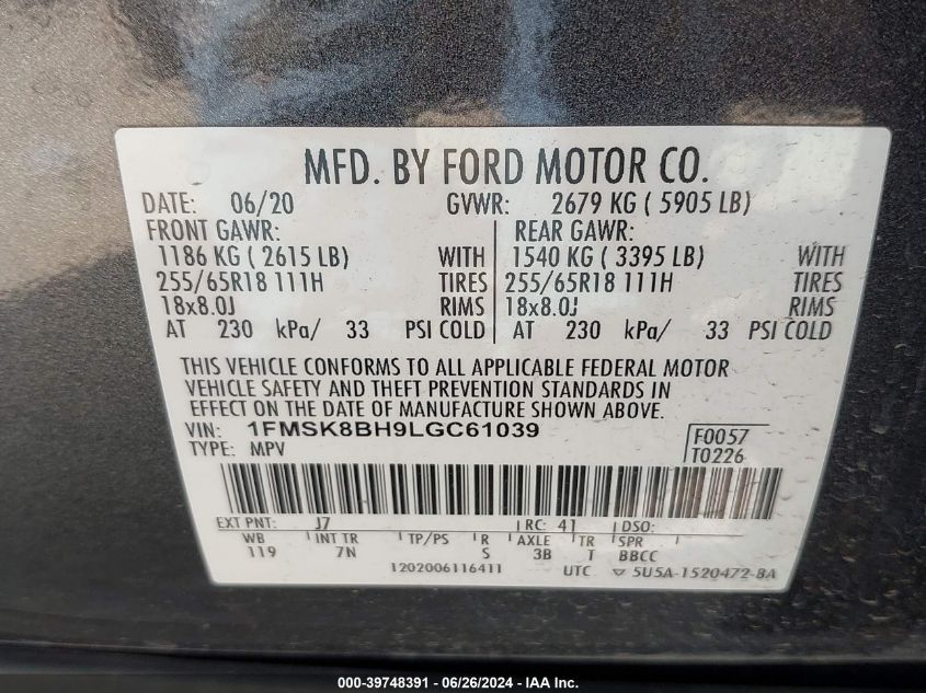 2020 Ford Explorer VIN: 1FMSK8BH9LGC61039 Lot: 39748391