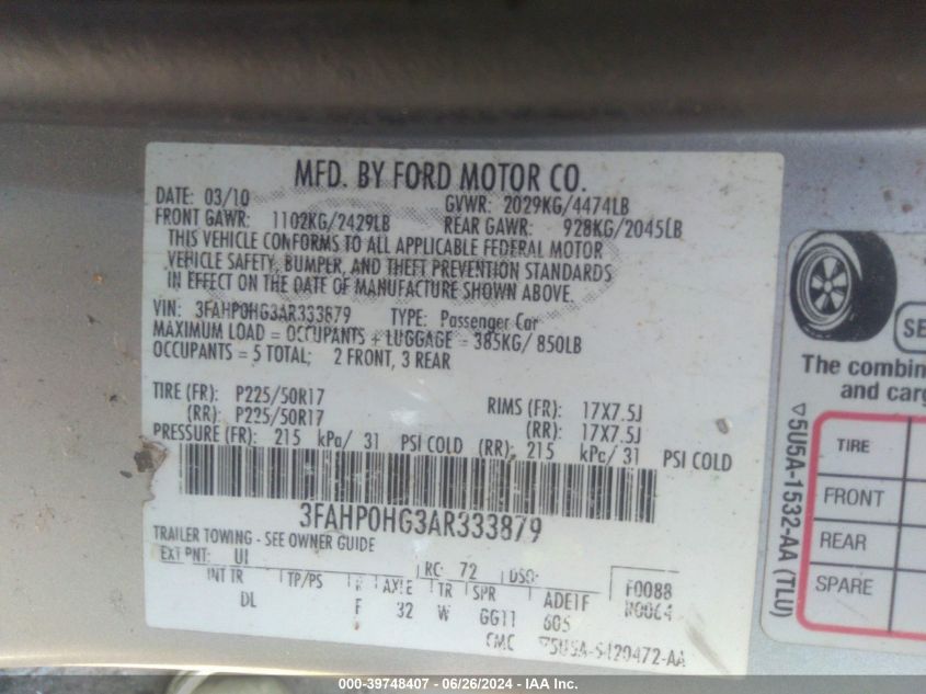 2010 Ford Fusion Se VIN: 3FAHP0HG3AR333879 Lot: 39748407