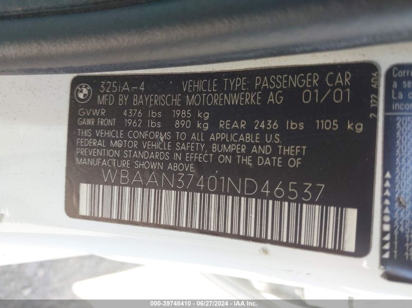 2001 BMW 325I VIN: WBAAN37401ND46537 Lot: 39748410