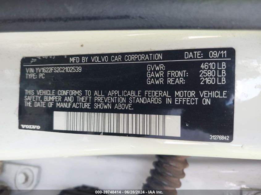 2012 Volvo S60 T5 VIN: YV1622FS2C2102539 Lot: 39748414