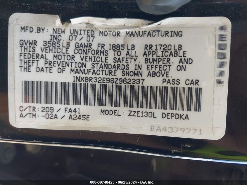 2008 Toyota Corolla Ce VIN: 1NXBR32E98Z962337 Lot: 39748423