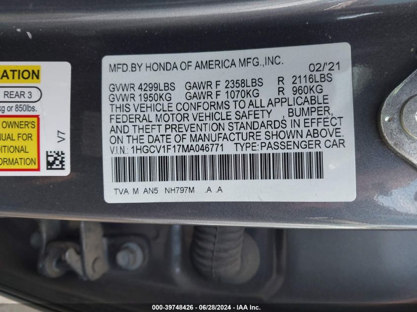 2021 Honda Accord Lx VIN: 1HGCV1F17MA046771 Lot: 39748426