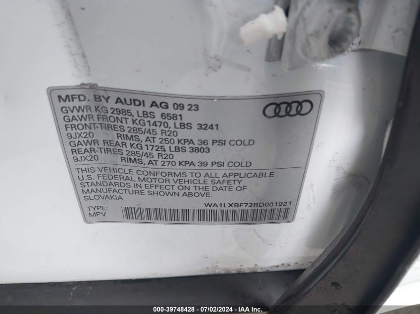 2024 Audi Q7 Premium Plus VIN: WA1LXBF72RD001921 Lot: 39748428