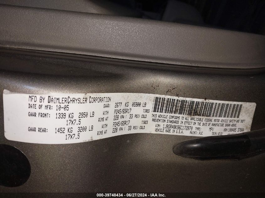 2006 Jeep Grand Cherokee Laredo/Columbia/Freedom VIN: 1J8GR48K96C172870 Lot: 39748434