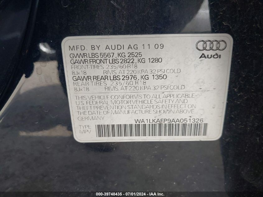 2010 Audi Q5 3.2 Premium VIN: WA1LKAFP9AA051326 Lot: 39748435