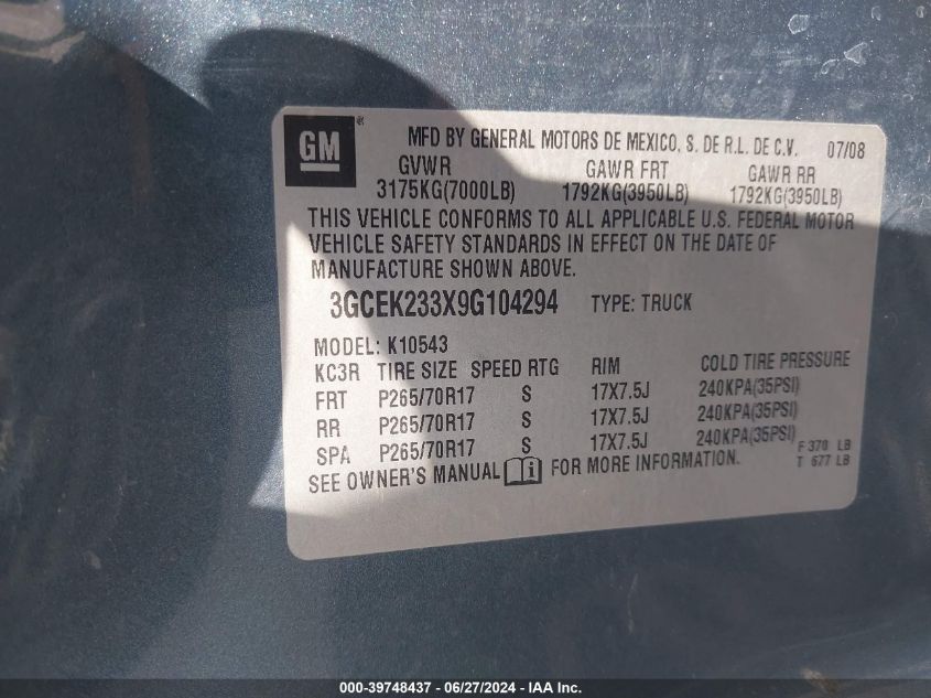 2009 Chevrolet Silverado 1500 Lt VIN: 3GCEK233X9G104294 Lot: 39748437