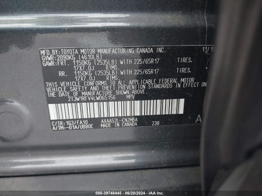 2020 Toyota Rav4 Xle VIN: 2T3W1RFV4LW065156 Lot: 39748445