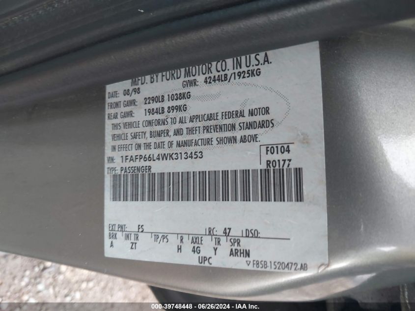 1998 Ford Contour VIN: 1FAFP66L4WK313453 Lot: 39748448