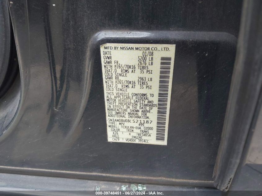 2008 Nissan Xterra Off Road/S/Se VIN: 5N1AN08U08C521187 Lot: 39748451