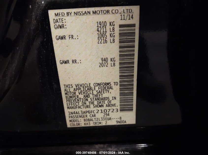 1N4AL3AP6FC210723 2015 Nissan Altima 2.5 Sl