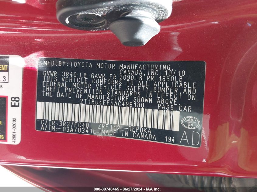 2010 Toyota Corolla Le VIN: 2T1BU4EE5AC498180 Lot: 39748465