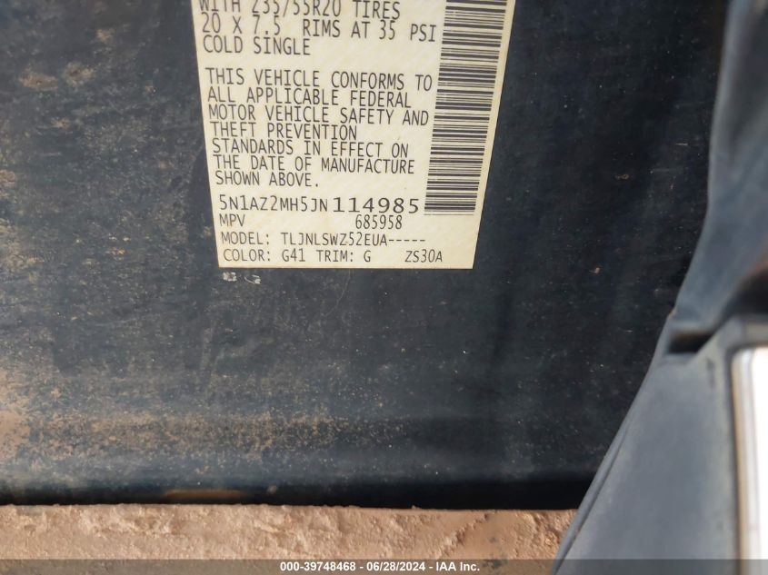 2018 Nissan Murano Platinum VIN: 5N1AZ2MH5JN114985 Lot: 39748468