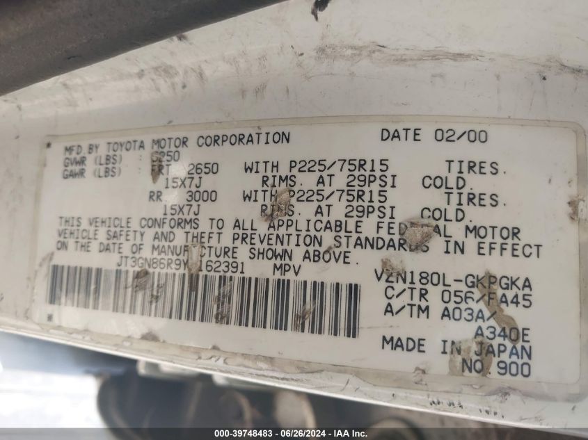 2000 Toyota 4Runner Sr5 V6 VIN: JT3GN86R9Y0162391 Lot: 39748483