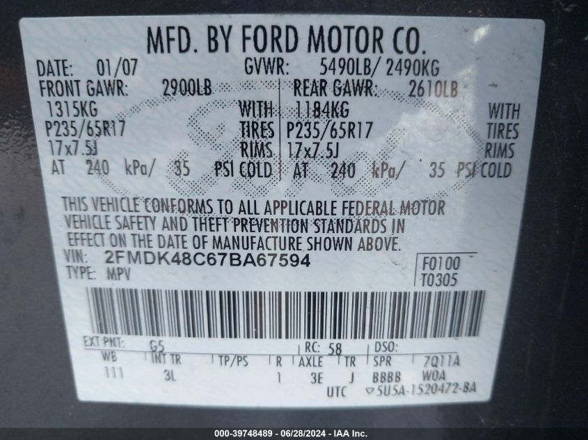 2007 Ford Edge Sel VIN: 2FMDK48C67BA67594 Lot: 39748489