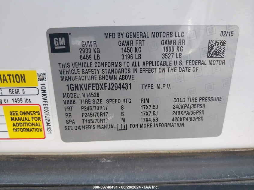 2015 Chevrolet Traverse Ls VIN: 1GNKVFEDXFJ294431 Lot: 39748491