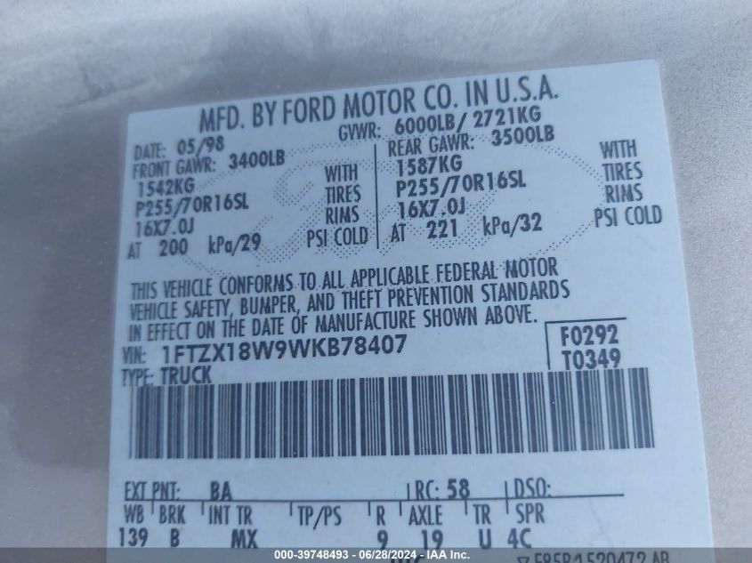 1998 Ford F-150 Lariat/Standard/Xl/Xlt VIN: 1FTZX18W9WKB78407 Lot: 39748493