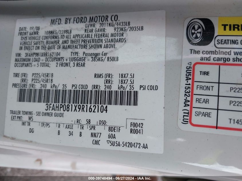 2009 Ford Fusion Sel VIN: 3FAHP081X9R162104 Lot: 39748494