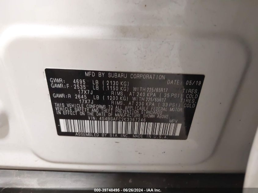 2019 Subaru Outback 2.5I Premium VIN: 4S4BSAFC2K3367246 Lot: 39748495