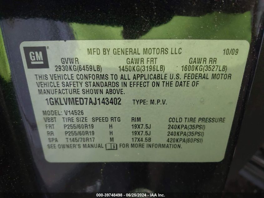 2010 GMC Acadia Slt-1 VIN: 1GKLVMED7AJ143402 Lot: 39748498