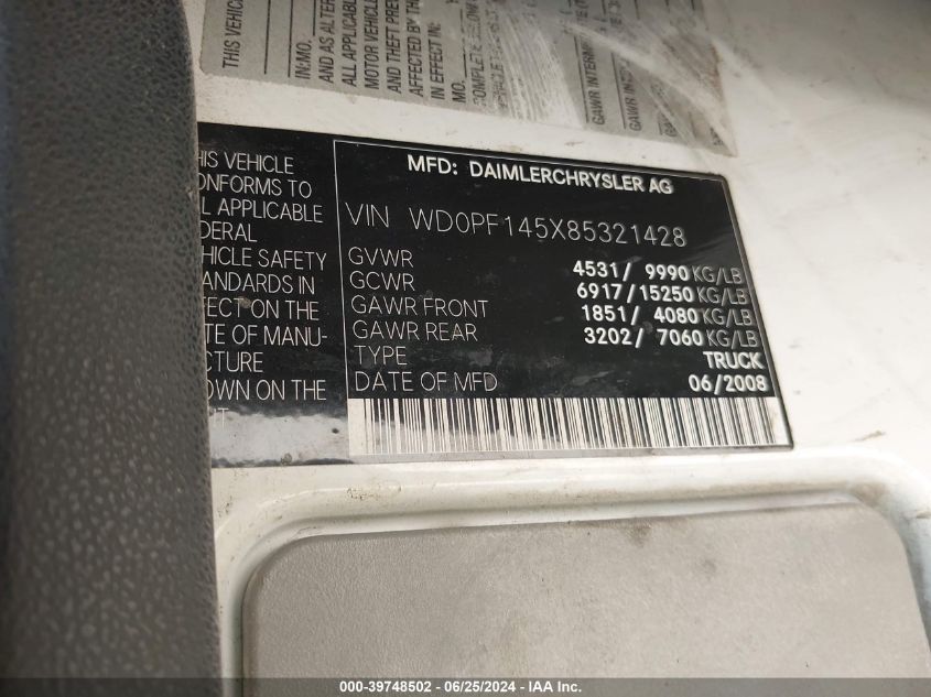 2008 Dodge Sprinter 3500 VIN: WD0PF145X85321428 Lot: 39748502