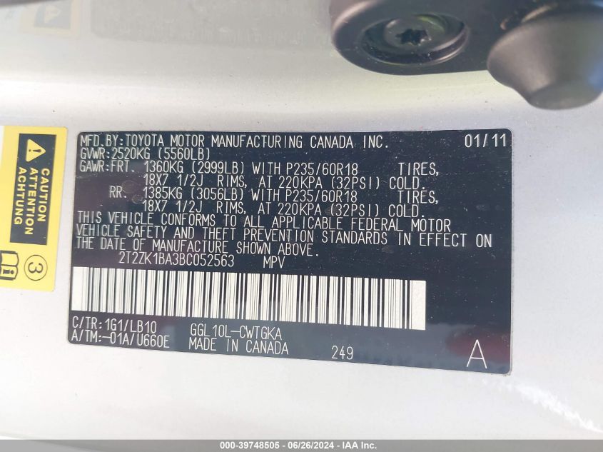 2011 Lexus Rx 350 350 VIN: 2T2ZK1BA3BC052563 Lot: 39748505