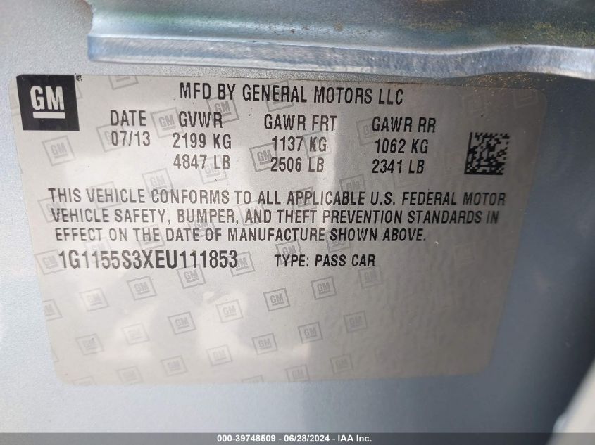 2014 Chevrolet Impala Ltz VIN: 1G1155S3XEU111853 Lot: 39748509