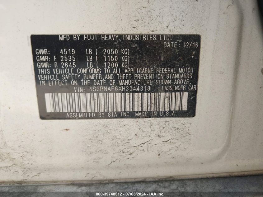 2017 Subaru Legacy 2.5I Premium VIN: 4S3BNAF6XH3044318 Lot: 39748512