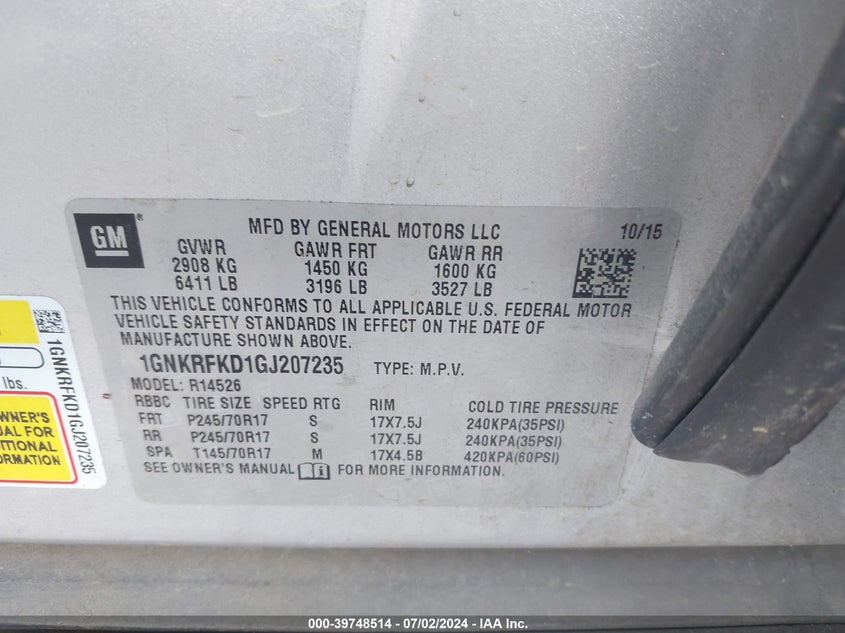 2016 Chevrolet Traverse Ls VIN: 1GNKRFKD1GJ207235 Lot: 39748514