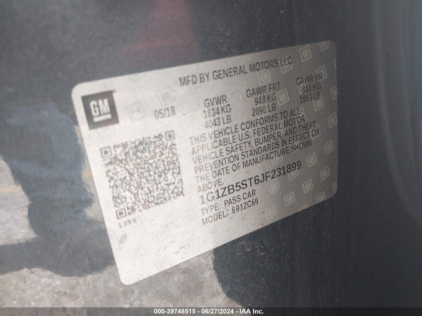 2018 Chevrolet Malibu Ls VIN: 1G1ZB5ST6JF231899 Lot: 39748515
