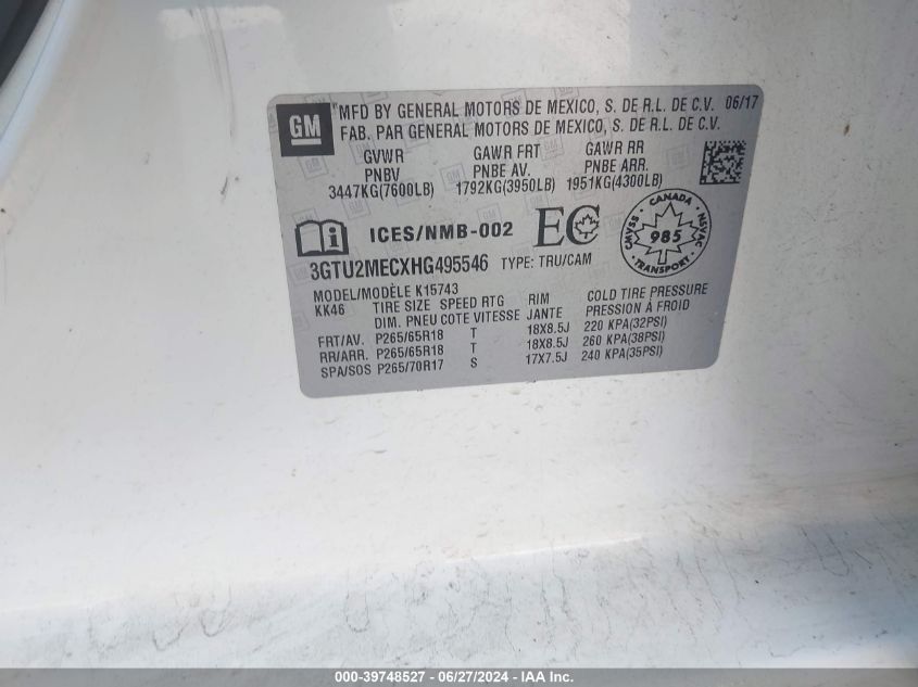 2017 GMC Sierra 1500 Sle VIN: 3GTU2MECXHG495546 Lot: 39748527