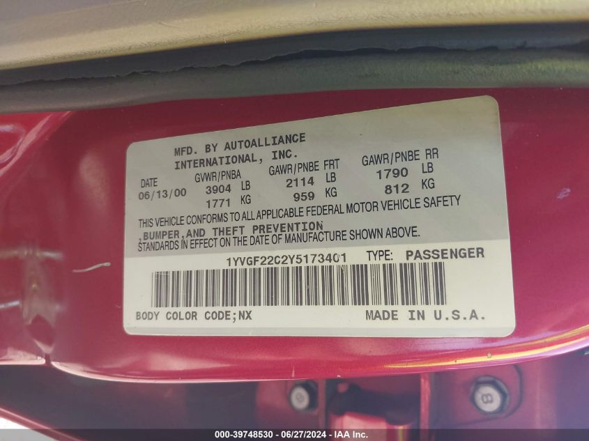2000 Mazda 626 Es/Lx VIN: 1YVGF22C2Y5173401 Lot: 39748530