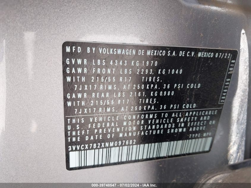 2022 Volkswagen Taos 1.5T S VIN: 3VVCX7B2XNM097682 Lot: 39748547
