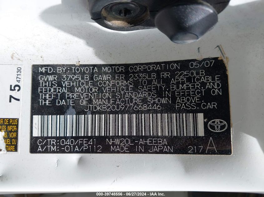 2007 Toyota Prius VIN: JTDKB20U977668446 Lot: 39748556