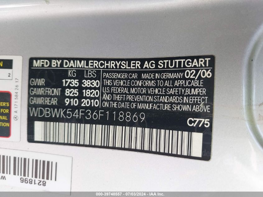 2006 Mercedes-Benz Slk 280 VIN: WDBWK54F36F118869 Lot: 39748557