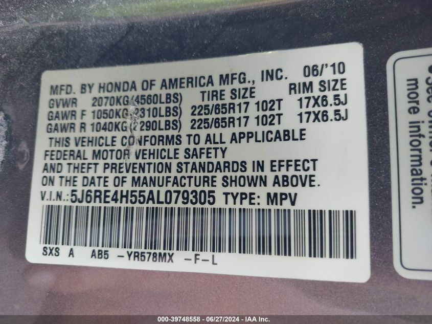 2010 Honda Cr-V Ex VIN: 5J6RE4H55AL079305 Lot: 39748558