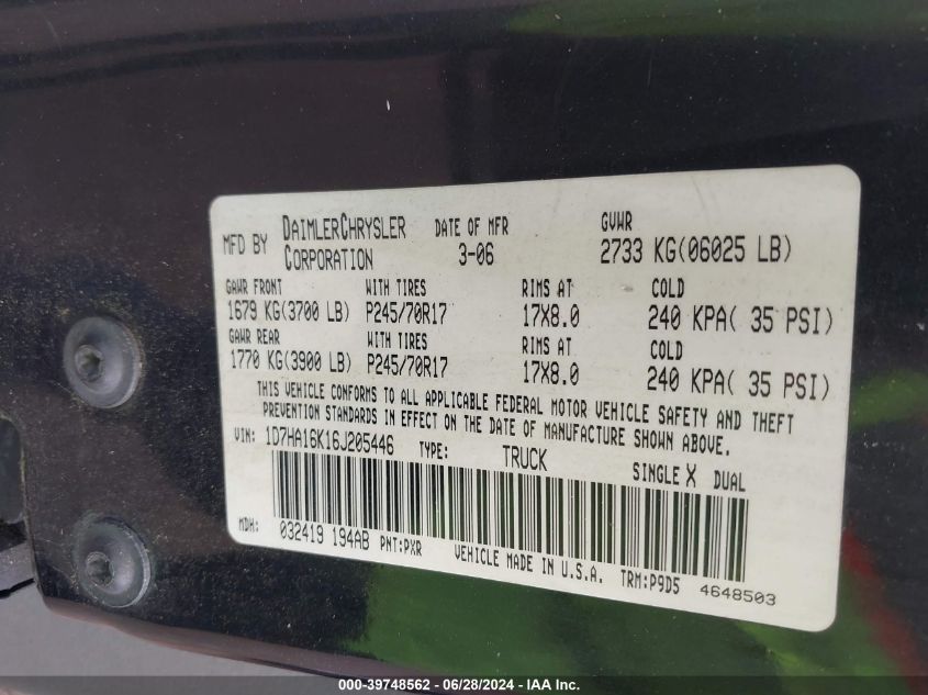 2006 Dodge Ram 1500 St VIN: 1D7HA16K16J205446 Lot: 39748562