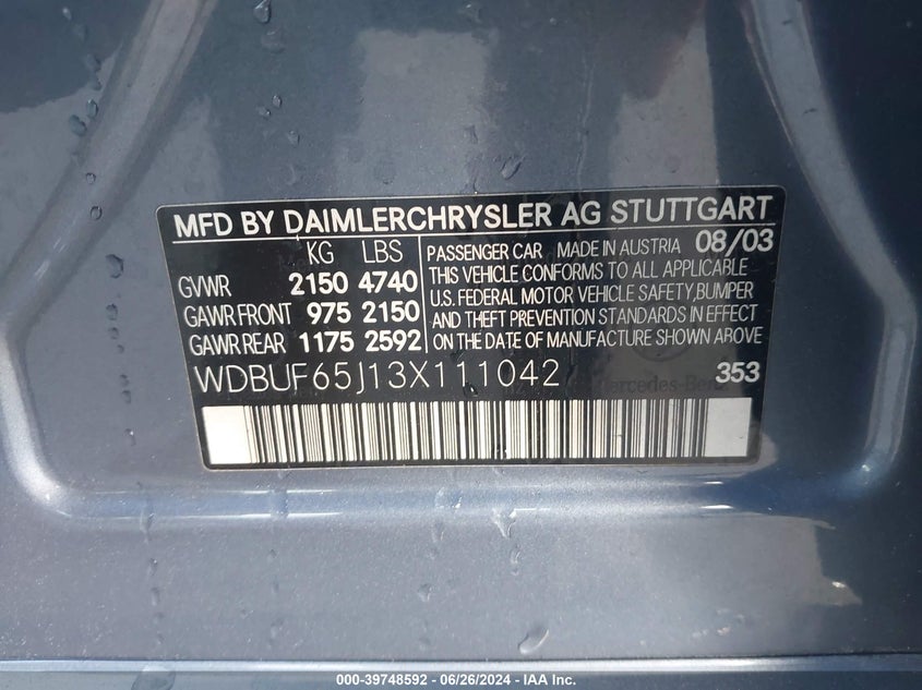 2003 Mercedes-Benz E 320 VIN: WDBUF65J13X111042 Lot: 39748592