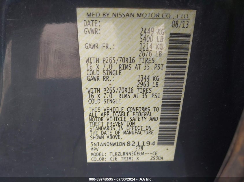 2013 NISSAN XTERRA S - 5N1AN0NW1DN821194