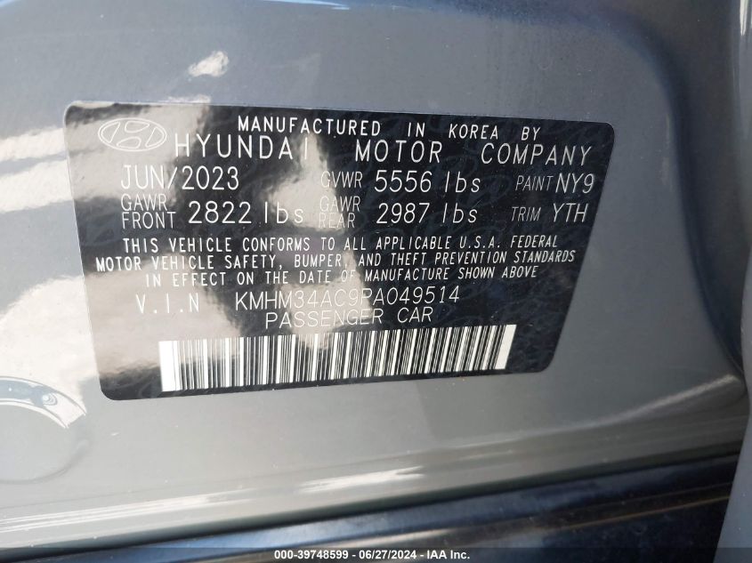 2023 Hyundai Ioniq 6 Sel VIN: KMHM34AC9PA049514 Lot: 39748599