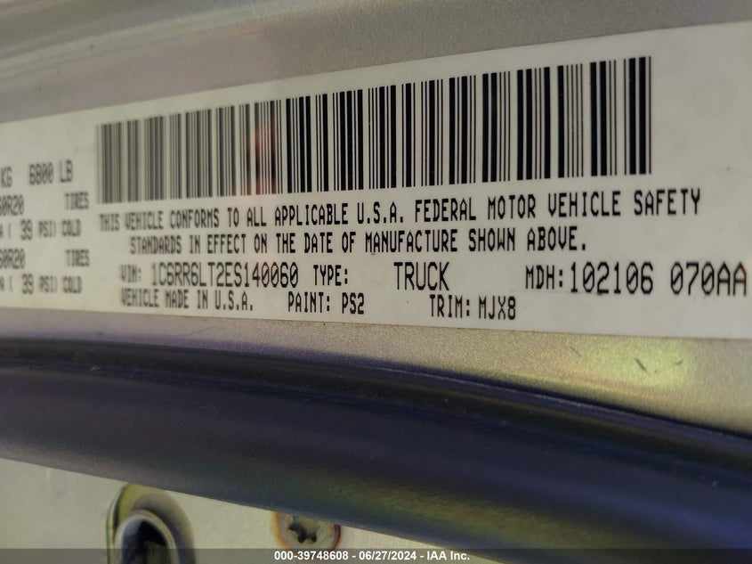 2014 Ram 1500 Slt VIN: 1C6RR6LT2ES140060 Lot: 39748608