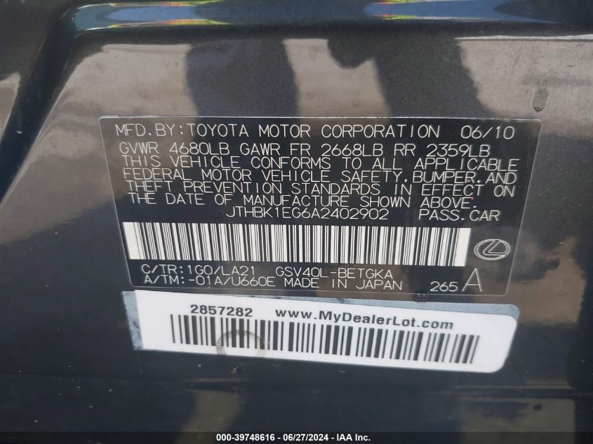 2010 Lexus Es 350 VIN: JTHBK1EG6A2402902 Lot: 39748616