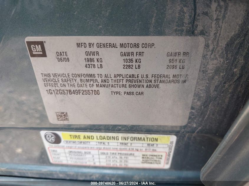 2009 Chevrolet Malibu Ls VIN: 1G1ZG57B49F255700 Lot: 39748620
