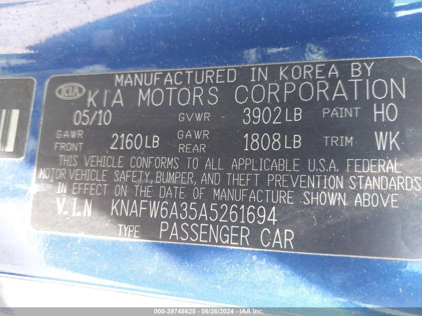 2010 Kia Forte Koup Sx VIN: KNAFW6A35A5261694 Lot: 39748625